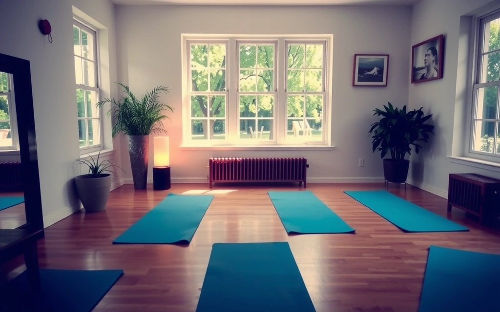 A serene yoga studio interior with soft lighting and natural elements, representing the founding vision of Serenity Yoga.