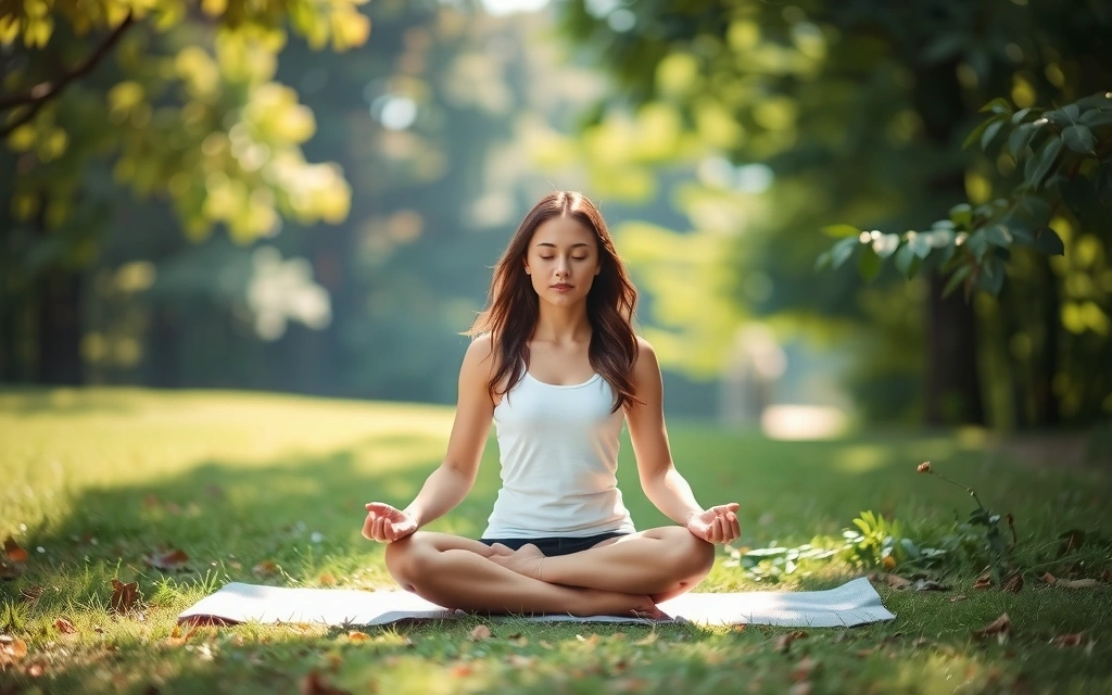 A person meditating peacefully in a natural setting, embodying the holistic philosophy of Serenity Yoga.
