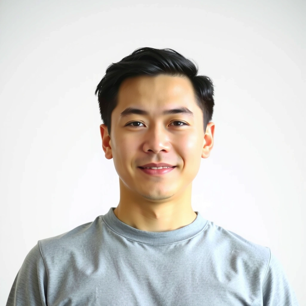 Professional portrait of a male yoga instructor named David Chen, with a calm and focused expression.