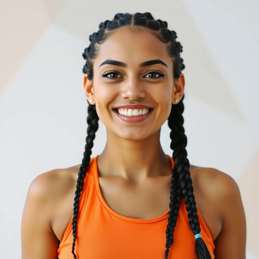 Professional portrait of a yoga instructor named Maya Singh, with an energetic and encouraging expression.