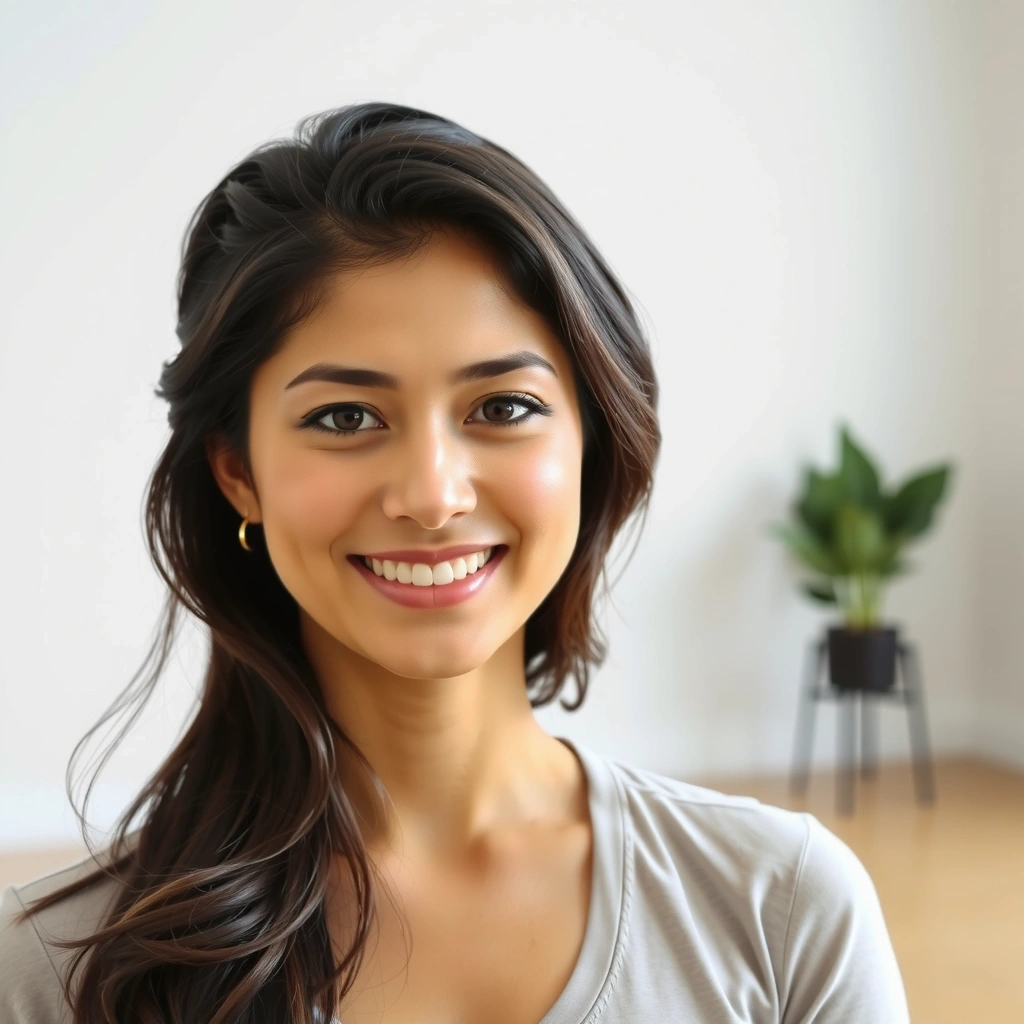 Professional portrait of a yoga instructor named Anya Sharma, with a warm smile and serene expression.