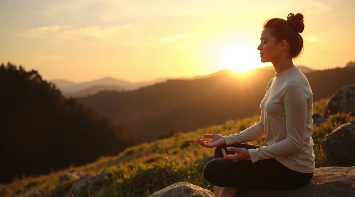 A person meditating outdoors at sunrise, symbolizing new beginnings.