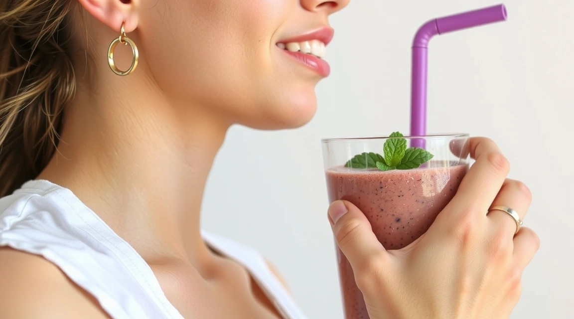 A person enjoying a healthy, colorful smoothie after a yoga session, emphasizing post-practice nutrition.