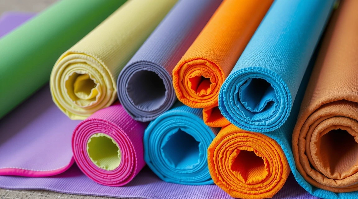 A variety of colorful yoga mats rolled up, symbolizing choice and diversity in practice.