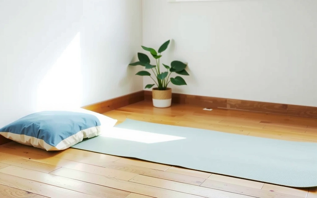 A clean, minimalist yoga space with a mat, cushion, and a small plant, illustrating a quiet environment.