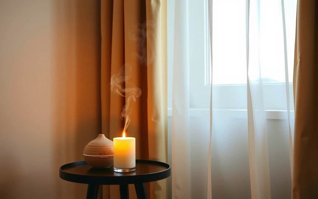 Soft, warm lighting in a room with a lit candle and a diffuser, creating a relaxing ambiance.