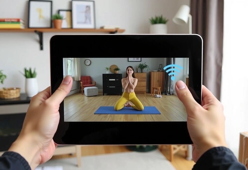 Someone setting up a tablet for an online yoga class, showing good internet connection and a comfortable home environment.