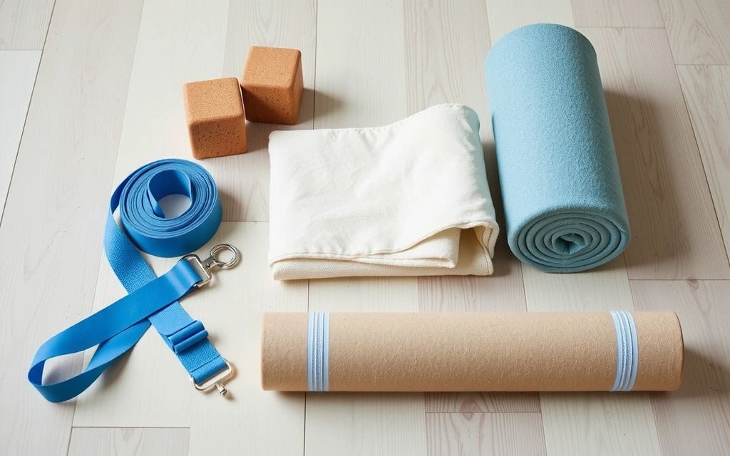 Various yoga props neatly arranged: blocks, strap, blanket, and bolster, ready for use.
