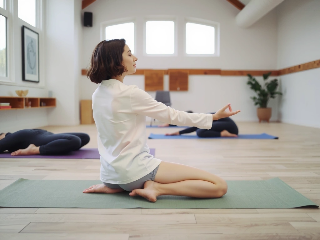 Person meditating in a serene yoga studio, symbolizing acceptance and peace